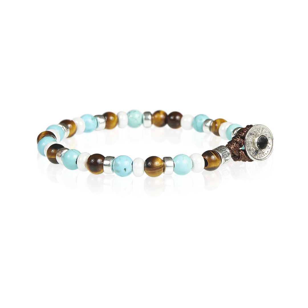 Bracciale Gerba Lab SfereOcchio Di Tigre, Aulite Celeste, Murrine Bianche Distanziatori Metallo Chiusura Argento