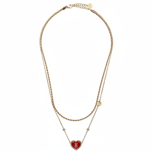 Collana a 2 Fili Alviero Martini 1A Classe Portobello Pvd Oro Con Punti Luce e Cuore Smalto Rosso