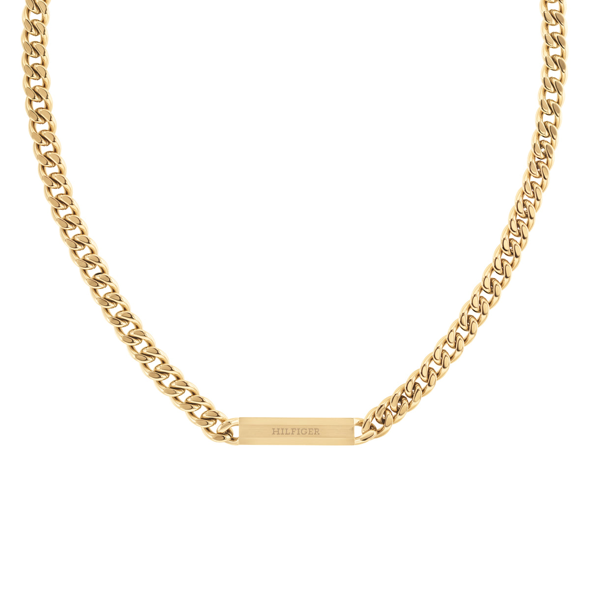 Collana Uomo Tommy Hilfiger Clash Acciaio Pvd Oro Catena Maglia Grumetta Piastrina Centrale Con Logo Satinato