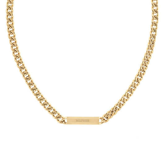 Collana Uomo Tommy Hilfiger Clash Acciaio Pvd Oro Catena Maglia Grumetta Piastrina Centrale Con Logo Satinato