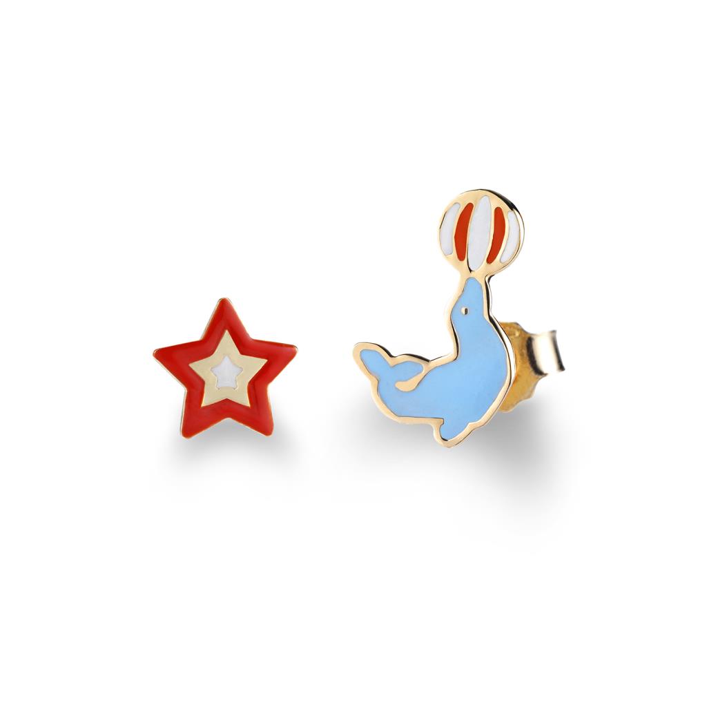 Orecchini Lobo leBebé Primegioie Oro Giallo Circo Foca Stella Smalto Multicolor