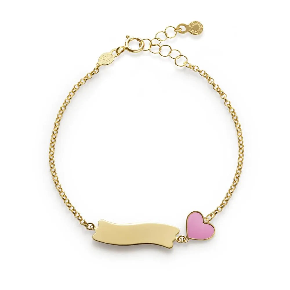 Bracciale Lebebé Prime Gioie Oro Giallo 9 Kt Targhetta e Cuore Smalto Rosa