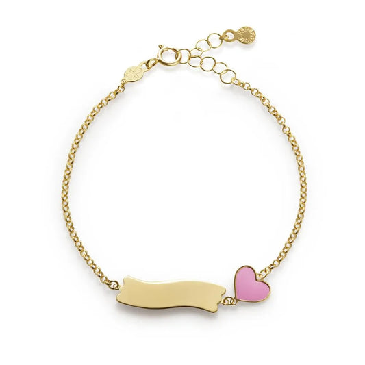 Bracciale Lebebé Prime Gioie Oro Giallo 9 Kt Targhetta e Cuore Smalto Rosa