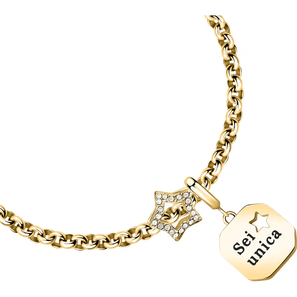 Bracciale Morellato Drops Rolò Pvd Oro Charm Piastrina Scritta "Sei Unica" Stella Passante Cristalli