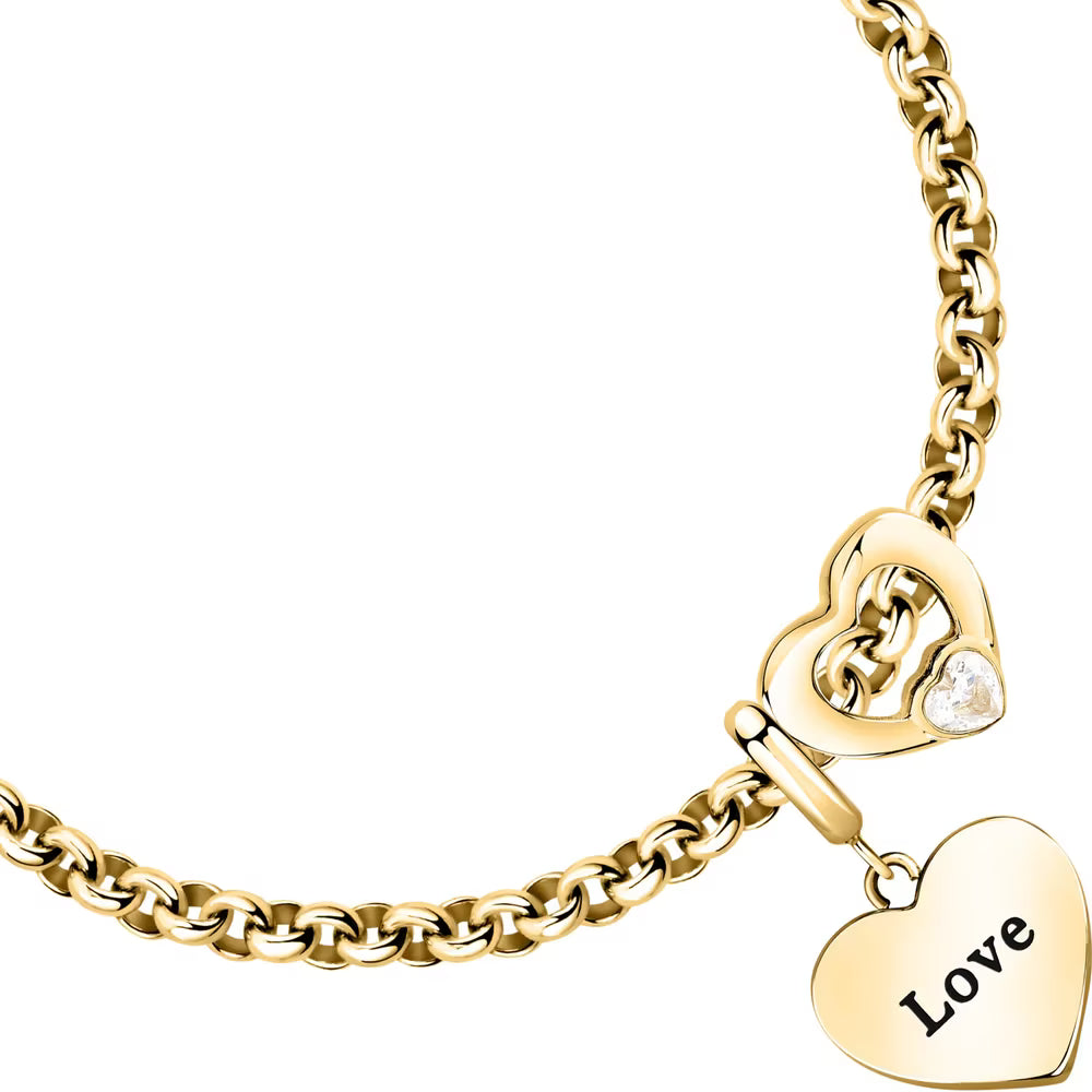 Bracciale Morellato Drops Rolò Pvd Oro Charm Cuore Scritta "Love" Passante Cristallo