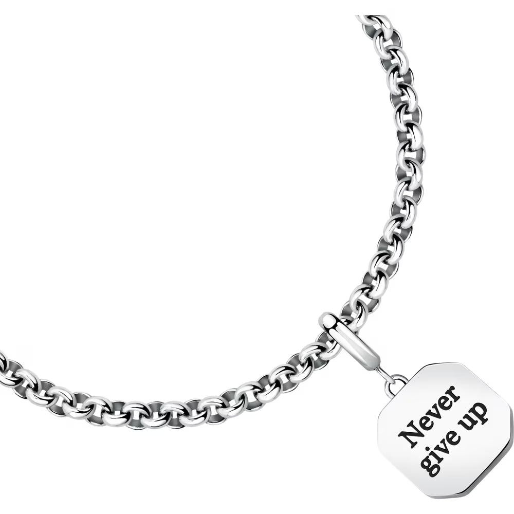 Bracciale Morellato Drops Rolò Acciaio Charm Quadrato Scritta "Never Give Up"