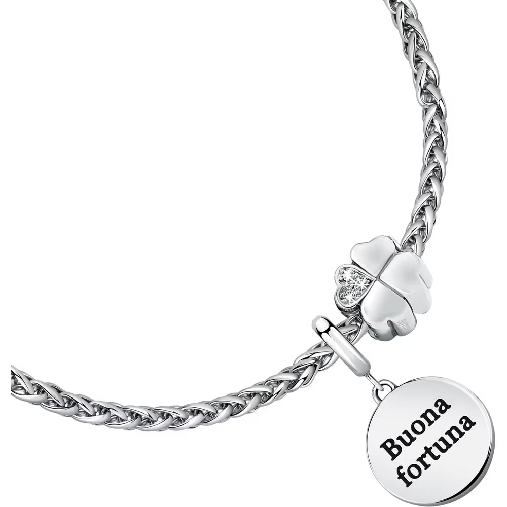 Bracciale Morellato Drops Rolò Acciaio Charm Tondo Scritta "Buona Fortuna" Quadrifoglio Passante Cristalli