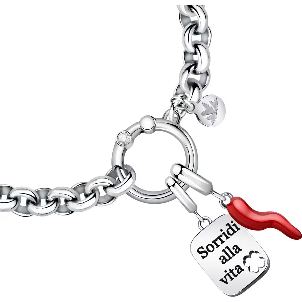 Bracciale Morellato Drops Rolò Acciaio Doppio Charm Cornetto Smalto Rosso + Scritta "Sorridi Alla Vita"