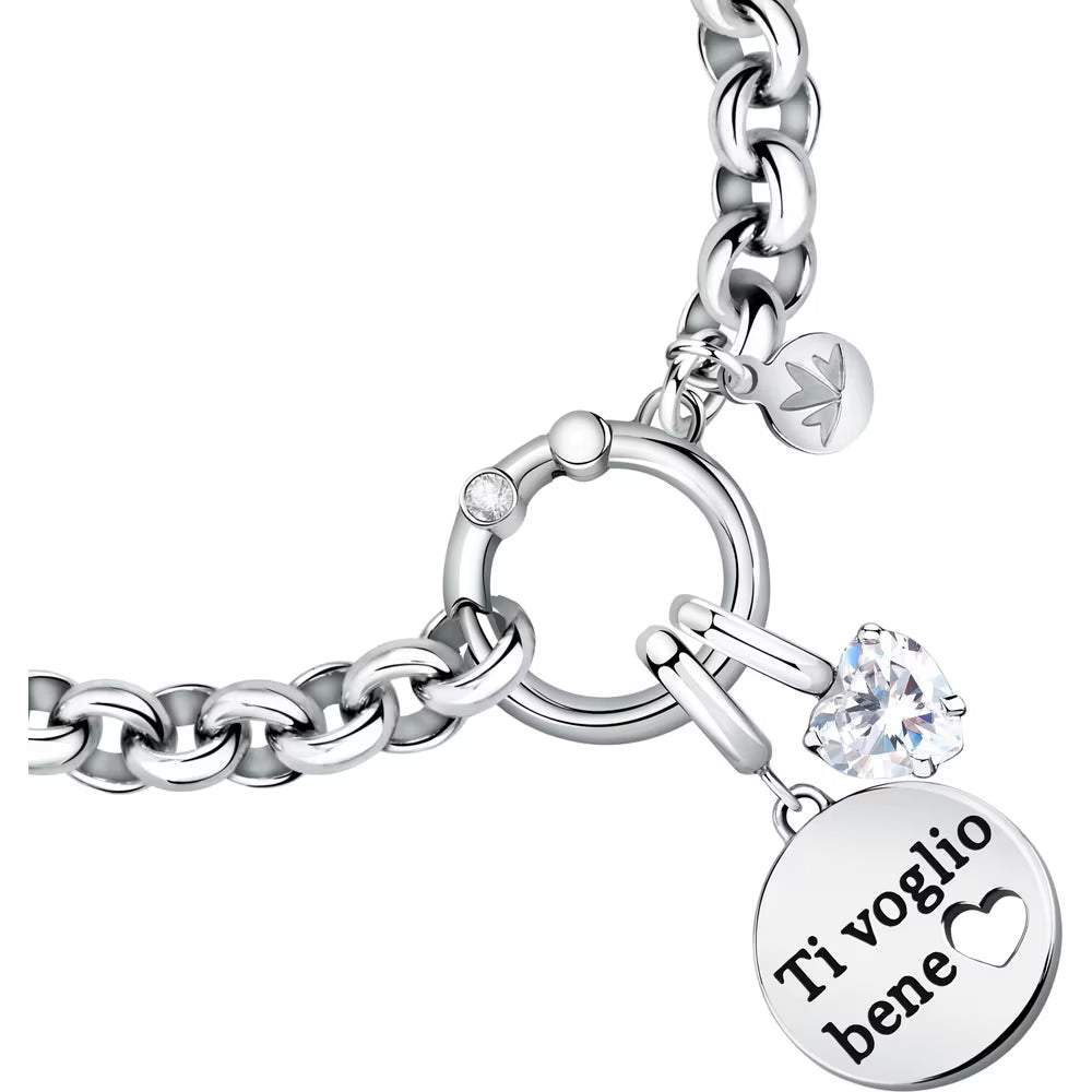 Bracciale Morellato Drops Rolò Acciaio Doppio Charm Scritta "Ti Voglio Bene" + Cristallo Cuore