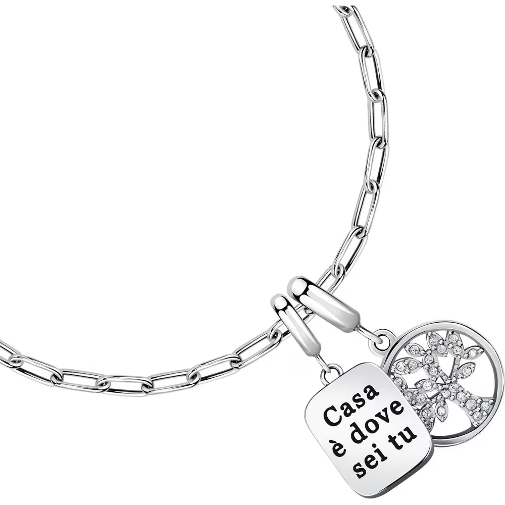 Bracciale Morellato Drops Acciaio Doppio Charm Piastrina Rettangolare Scritta "Casa è Dove Sei Tu"+ Albero Della Vita