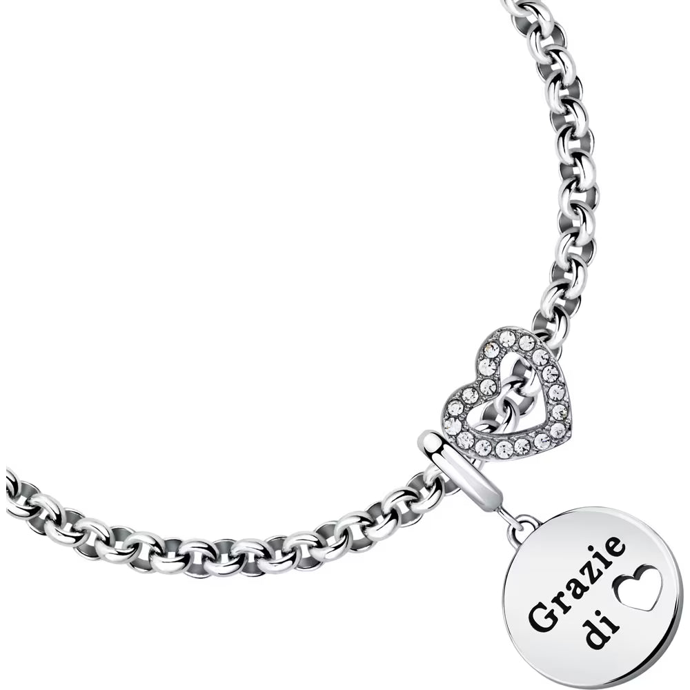 Bracciale Morellato Drops Rolò Acciaio Charm Tondo Scritta "Grazie Di Cuore" Passante Cristalli