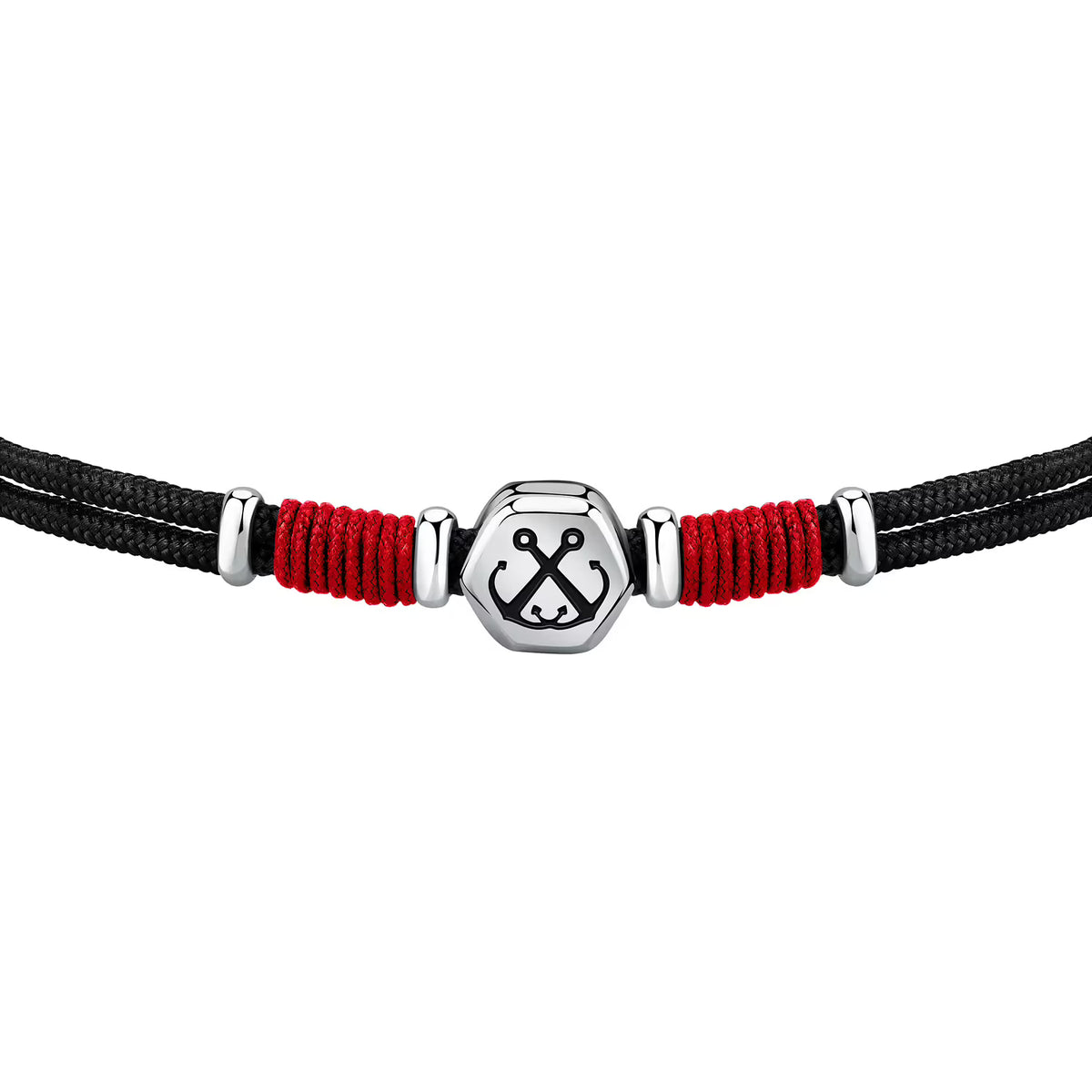 Bracciale 2 Fili Uomo Sector Marine Cordino Nero Centrale Elementi Acciao Cordino Rosso Ancora