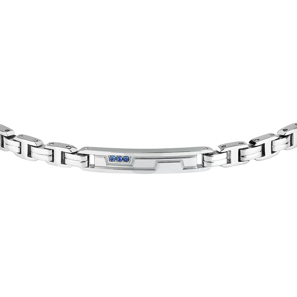 Bracciale Uomo Sector Premium Acciaio Maglia Modulare Targhetta Centrale + 3 Cristalli Blu