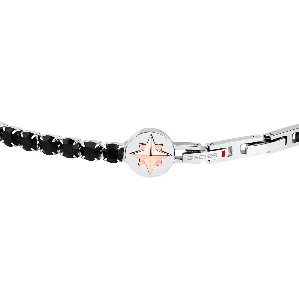Bracciale Uomo Sector Tennis Acciaio Con Cristalli Neri + Elemento Laterale Rosa Dei Venti in Rilievo Pvd Oro