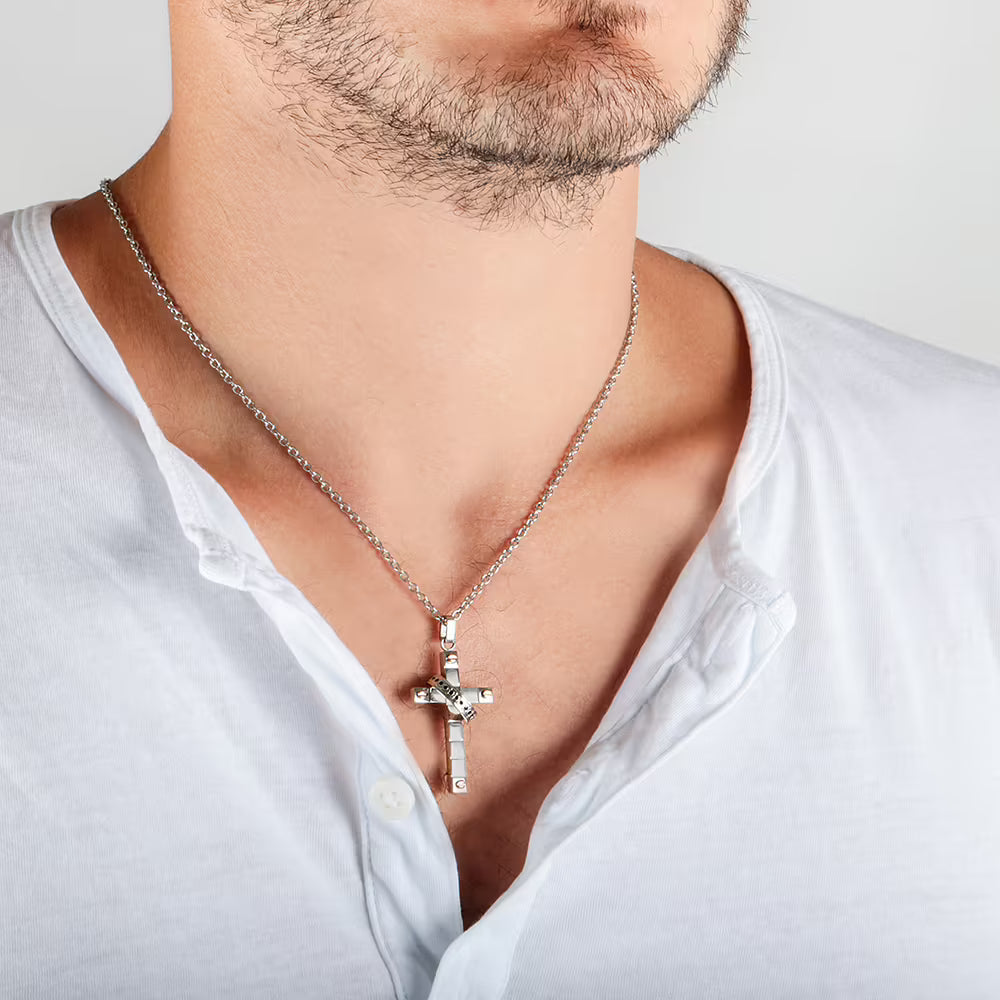 Anello Sector Spirit Collana In Acciaio Con Pendente Croce Acciaio/Pvd Oro Rosa E Sovrapposto Cristalli Neri