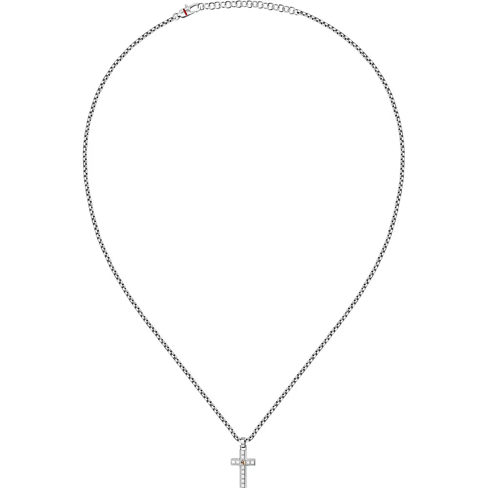 Collana Uomo Sector Spirit A Maglie Tondine Acciaio Con Pendente Croce Quadrettata + Vite Pvd Oro Rosa