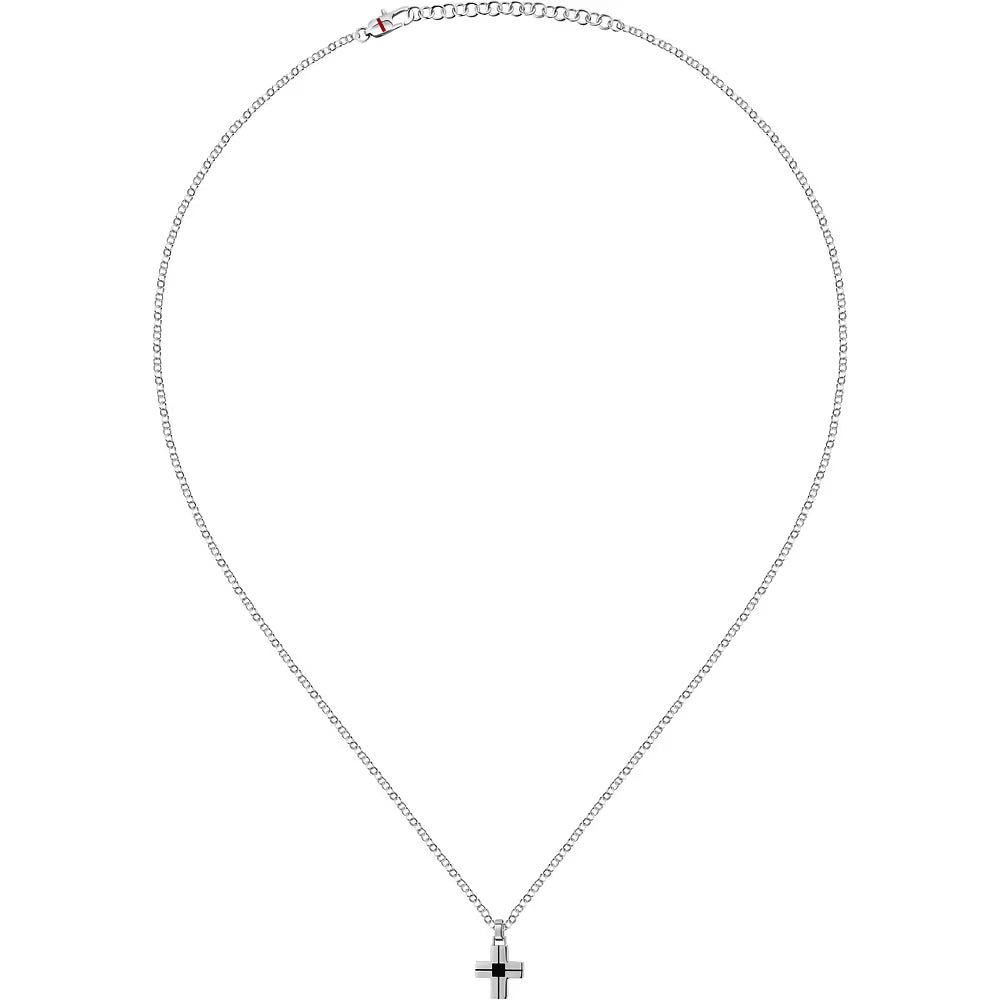 Collana Uomo Sector Spirit Acciaio Maglia Rolò Con Pendente Croce Smalto Nero