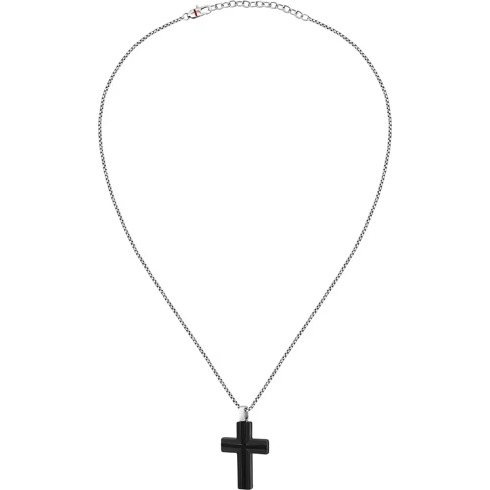 Collana Uomo Sector Spirit Acciaio Pendente Croce Pvd Nero Rigata