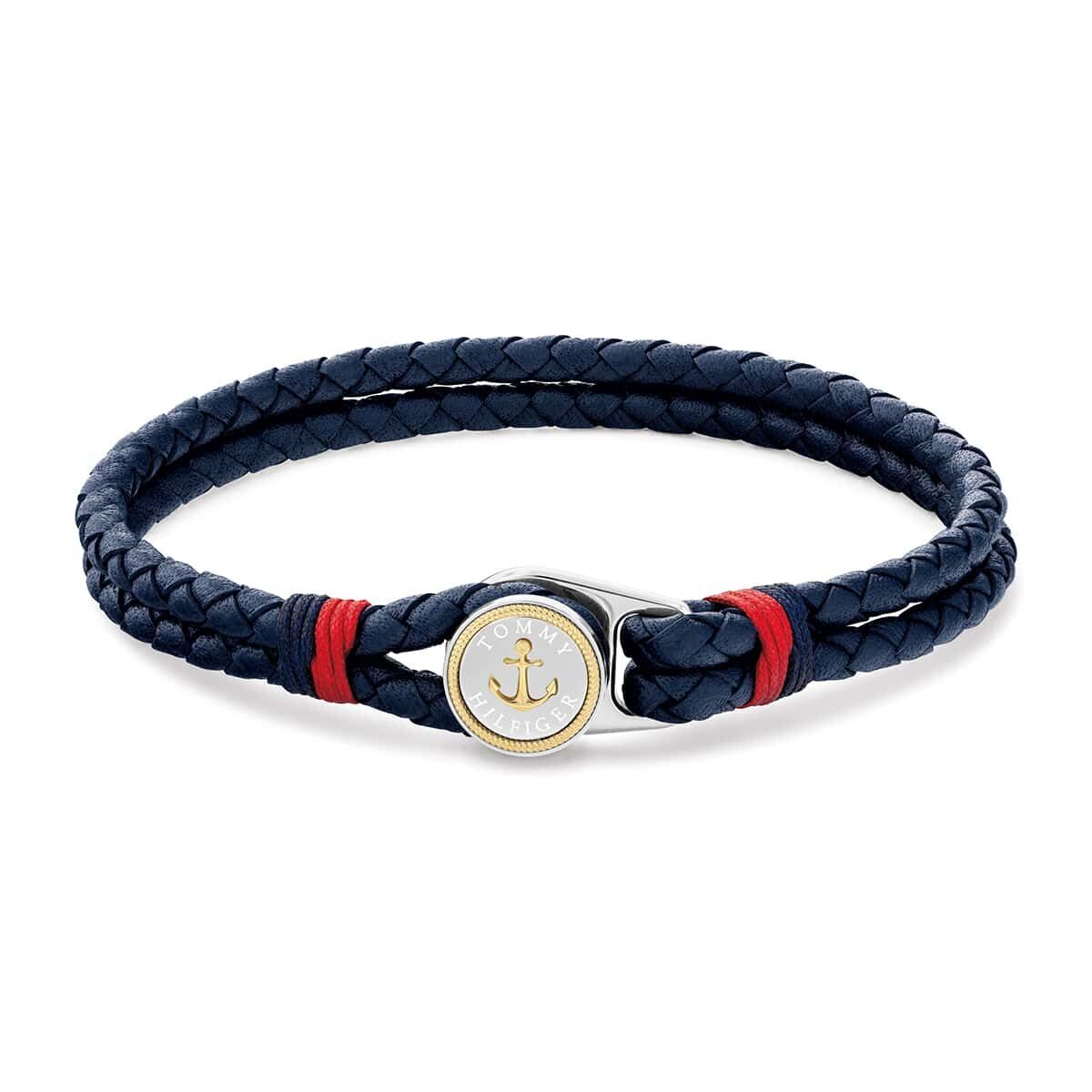 Bracciale Uomo A 2 Fili Tommy Hilfiger Nautical Pelle Intrecciata Blu Chiusura Bottone Acciaio Ancora