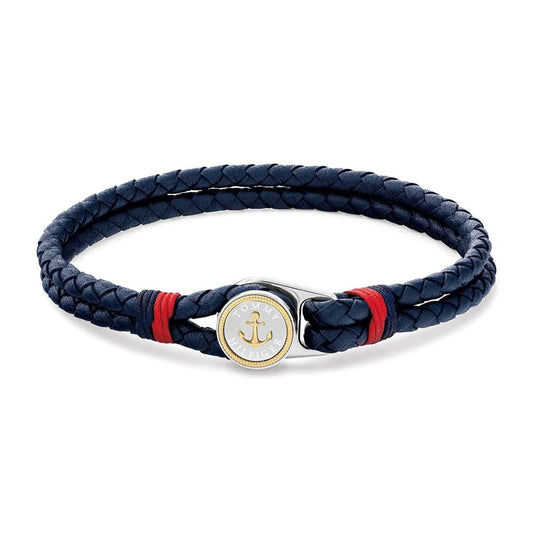 Bracciale Uomo A 2 Fili Tommy Hilfiger Nautical Pelle Intrecciata Blu Chiusura Bottone Acciaio Ancora