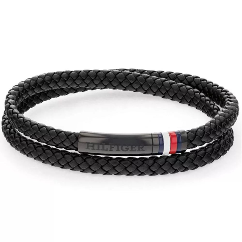 Bracciale a 2 Giri Uomo Tommy Hilfiger Double Pelle Intrecciata Nera Con Piastrina Acciaio E Smalto Bianco/Rosso/Blu