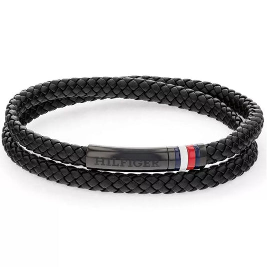 Bracciale a 2 Giri Uomo Tommy Hilfiger Double Pelle Intrecciata Nera Con Piastrina Acciaio E Smalto Bianco/Rosso/Blu