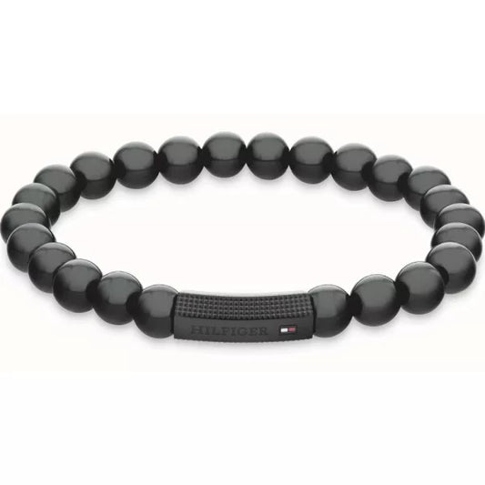 Bracciale Uomo Tommy Hilfiger Beads Elasticizzato A Sferette Nere Con Elemento Centrale Pvd Nero