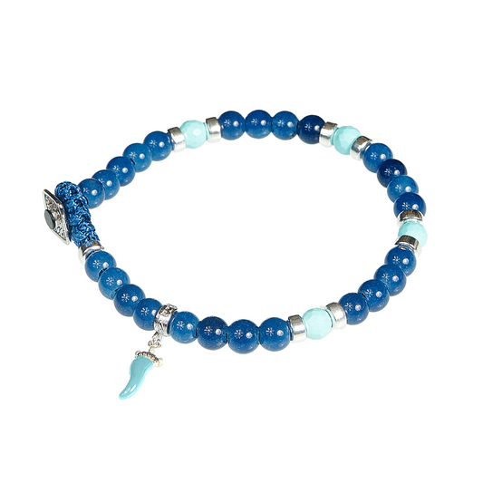 Bracciale Gerba Horn Sfere In Pietra Blu/Turchesi Charm Corno Turchese Chiusura Argento