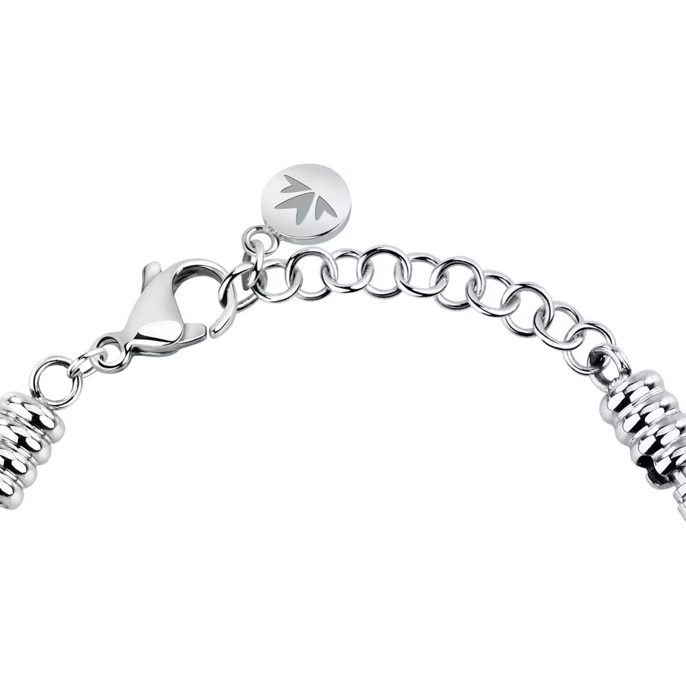 Bracciale Morellato Drops Rolò Acciaio Charm Tondo Scritta "Buona Fortuna" Quadrifoglio Passante Cristalli