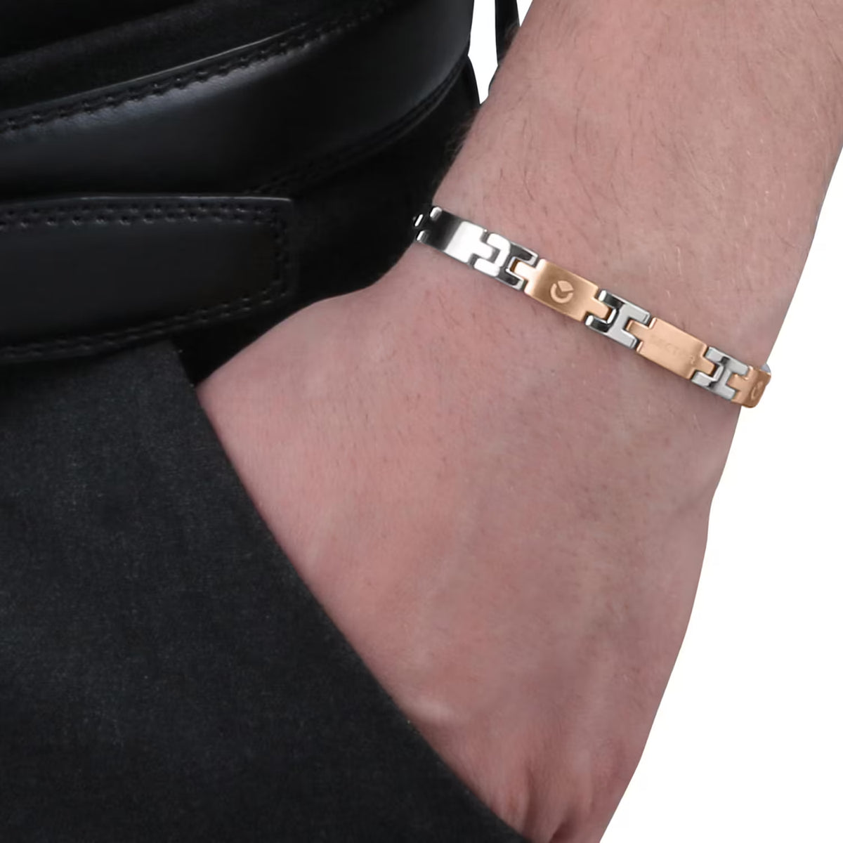 Bracciale Uomo Sector Basic In Acciaio Satinato Con Maglie A Forma Di H Lucido E 3 Pvd Oro Rosa