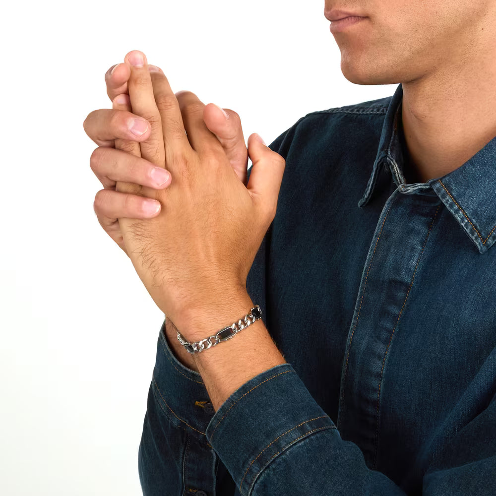 Bracciale Uomo Sector Ceramic Acciaio Catena Grumetta Elementi Rettangolari Ceramica Sfaccettata Nera