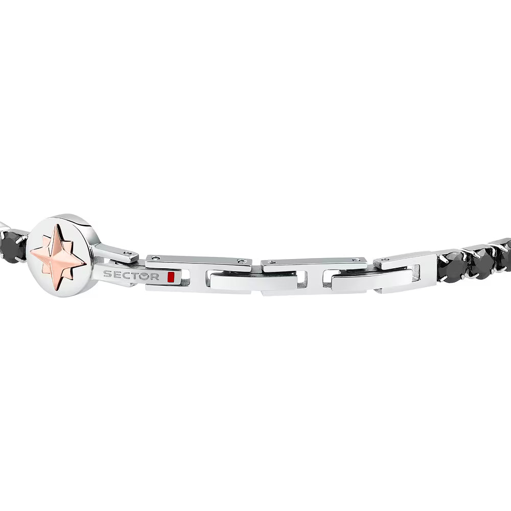 Bracciale Uomo Sector Tennis Acciaio Con Cristalli Neri + Elemento Laterale Rosa Dei Venti in Rilievo Pvd Oro