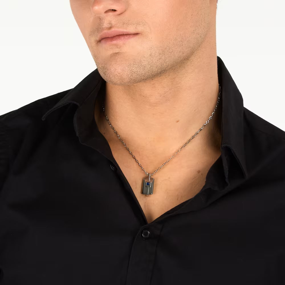 Collana Morellato Motown Uomo In Acciaio Con Pendente Piastrina Rettangolare 1 Cubic Zirconia Quadrato Blu