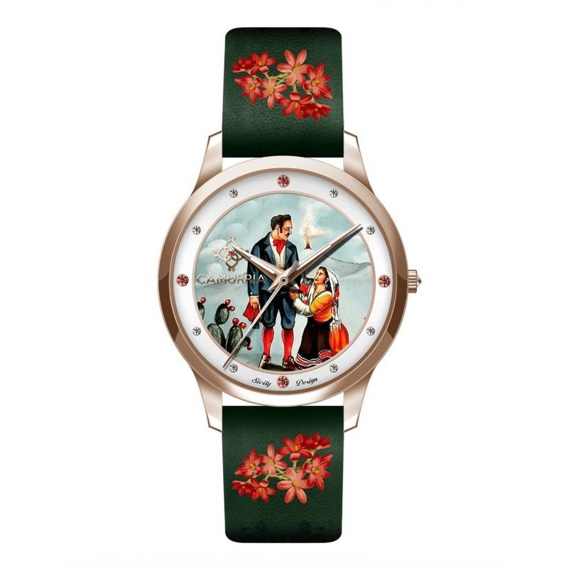 Orologio Camurrìa A Storia La Cavalleria Rusticana Turiddu E Santuzza 37 mm Pvd Oro Rosa cinturino con Stampe Siciliane