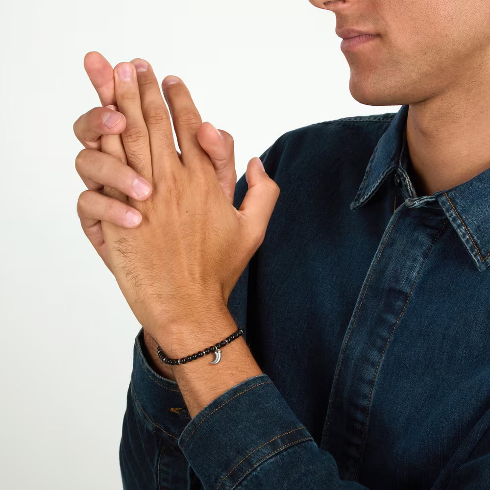 Bracciale Uomo Morellato Amuleti Acciaio Sferette Ossidiana Charm Corno Satinato
