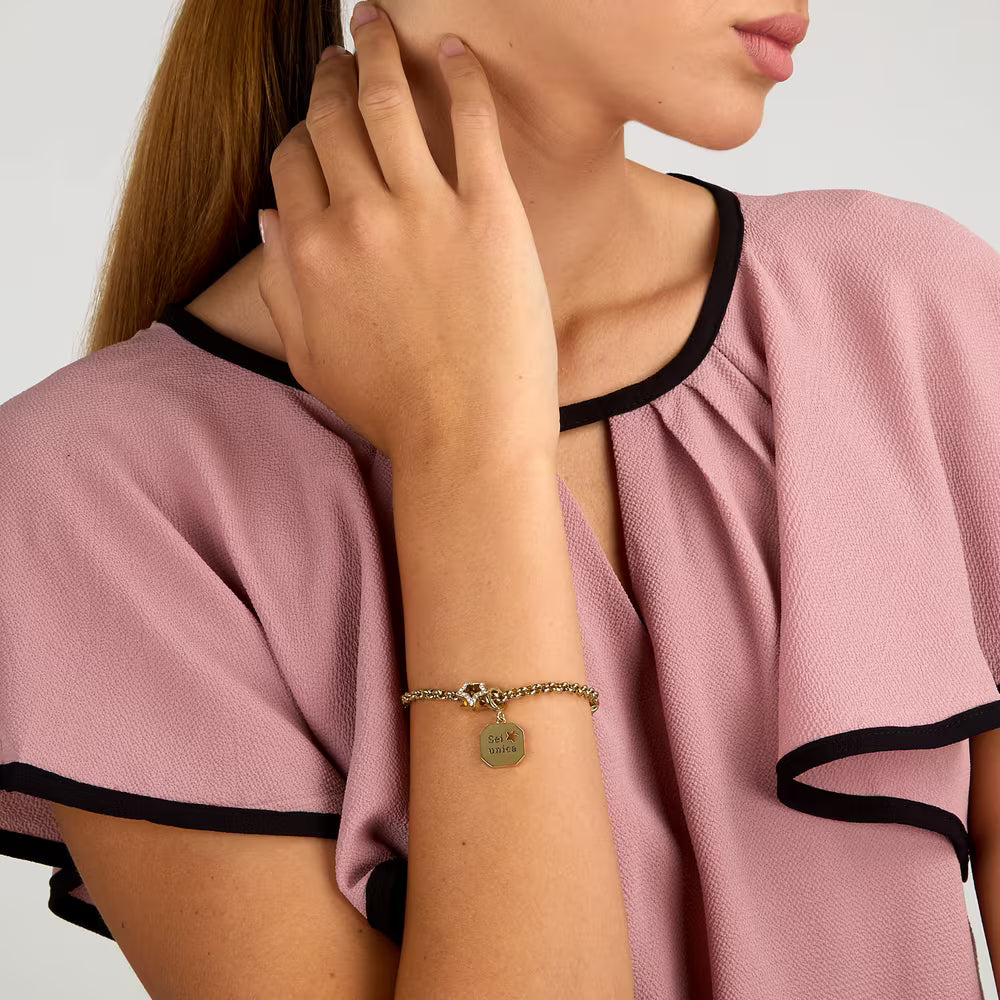 Bracciale Morellato Drops Rolò Pvd Oro Charm Piastrina Scritta "Sei Unica" Stella Passante Cristalli