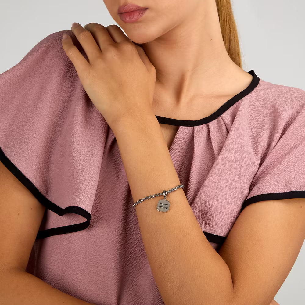 Bracciale Morellato Drops Rolò Acciaio Charm Quadrato Scritta "Never Give Up"