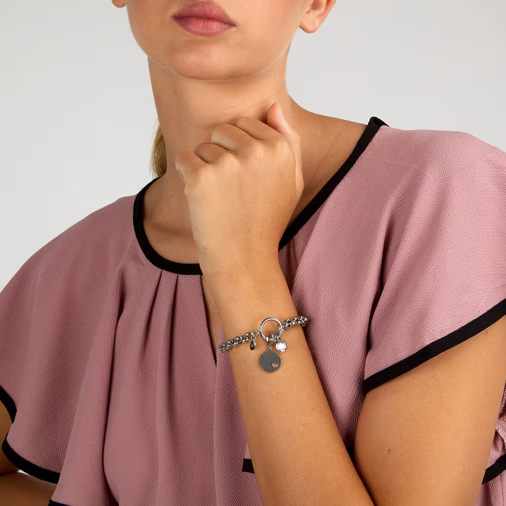 Bracciale Morellato Drops Rolò Acciaio Doppio Charm Scritta "Ti Voglio Bene" + Cristallo Cuore