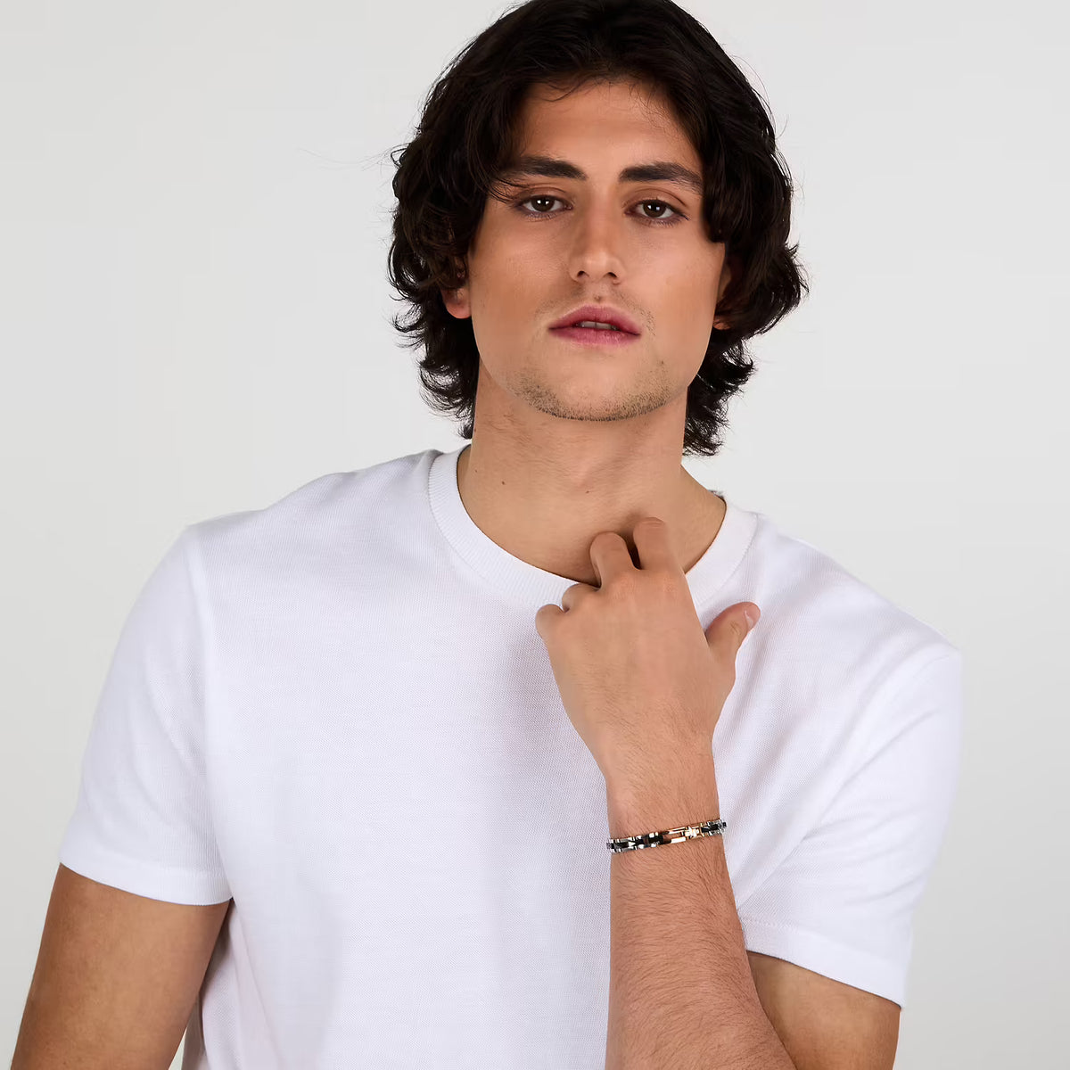 Bracciale Uomo Sector Ceramic Acciaio/Ceramica Nera Elemento Rettangolare Pvd Oro Rosa + Diamante