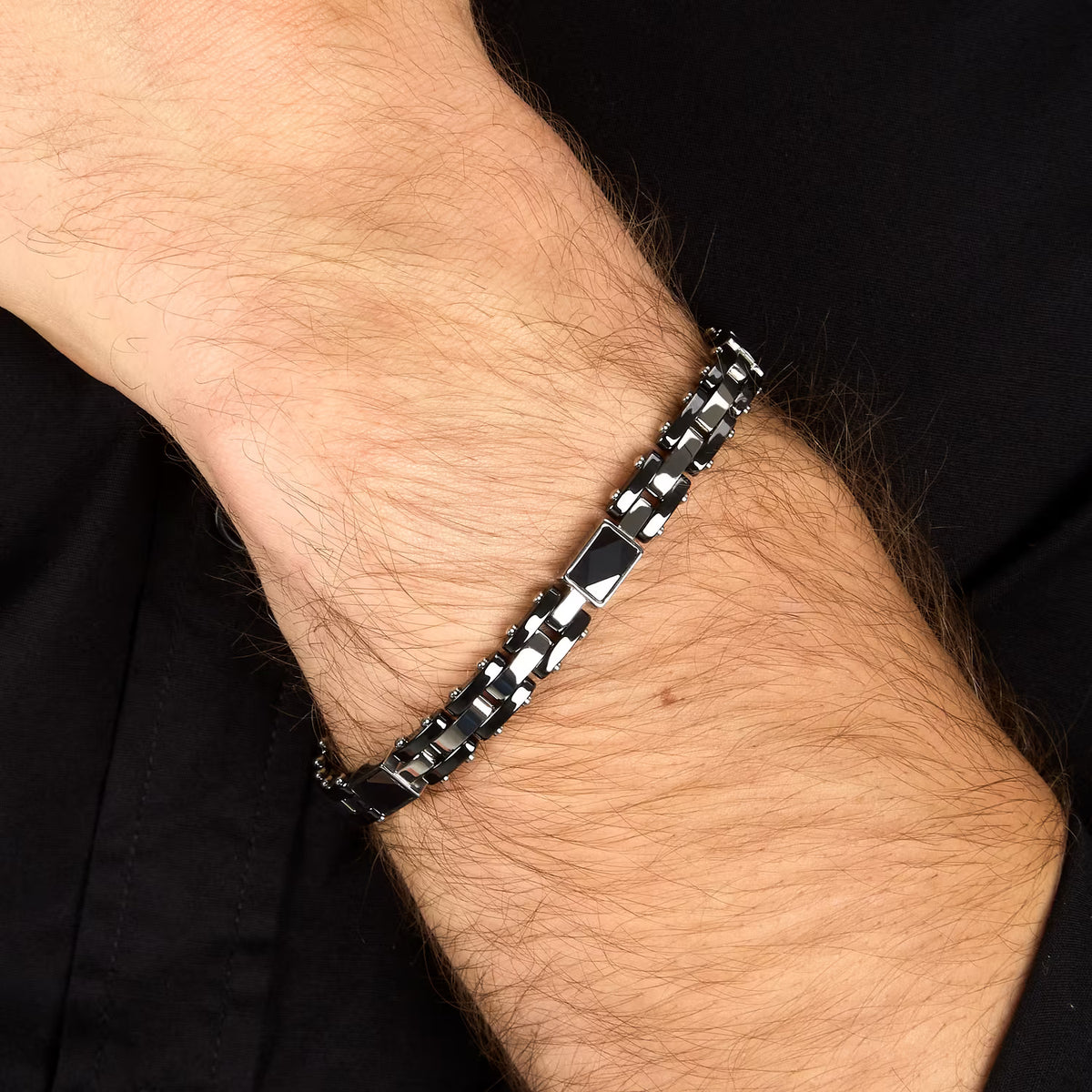 Bracciale Uomo Sector Ceramic Acciaio Ceramica Nera 3 Elementi Rettangolari Sfaccettati