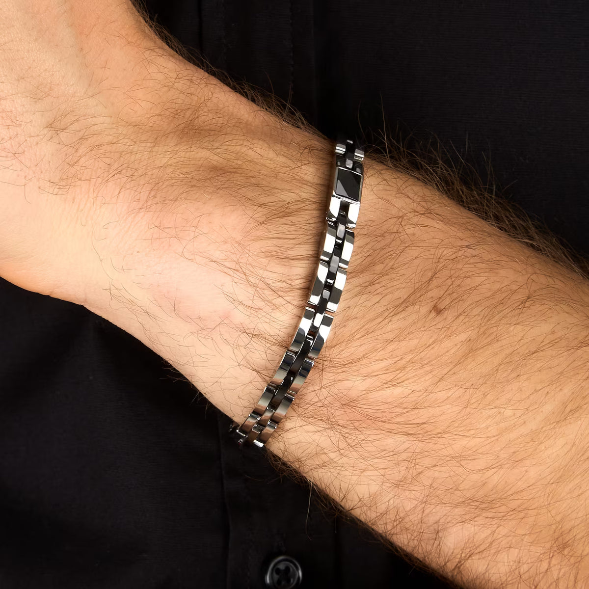Bracciale Uomo Sector Ceramic Acciaio Ceramica Nera Con Elementi Rettangolari Sfaccettati