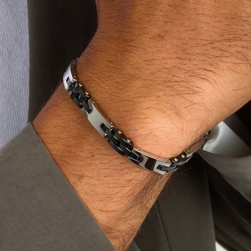 Bracciale Uomo Sector Ceramic Maglie Rettangolari Acciaio ed Elementi in Ceramica Nera