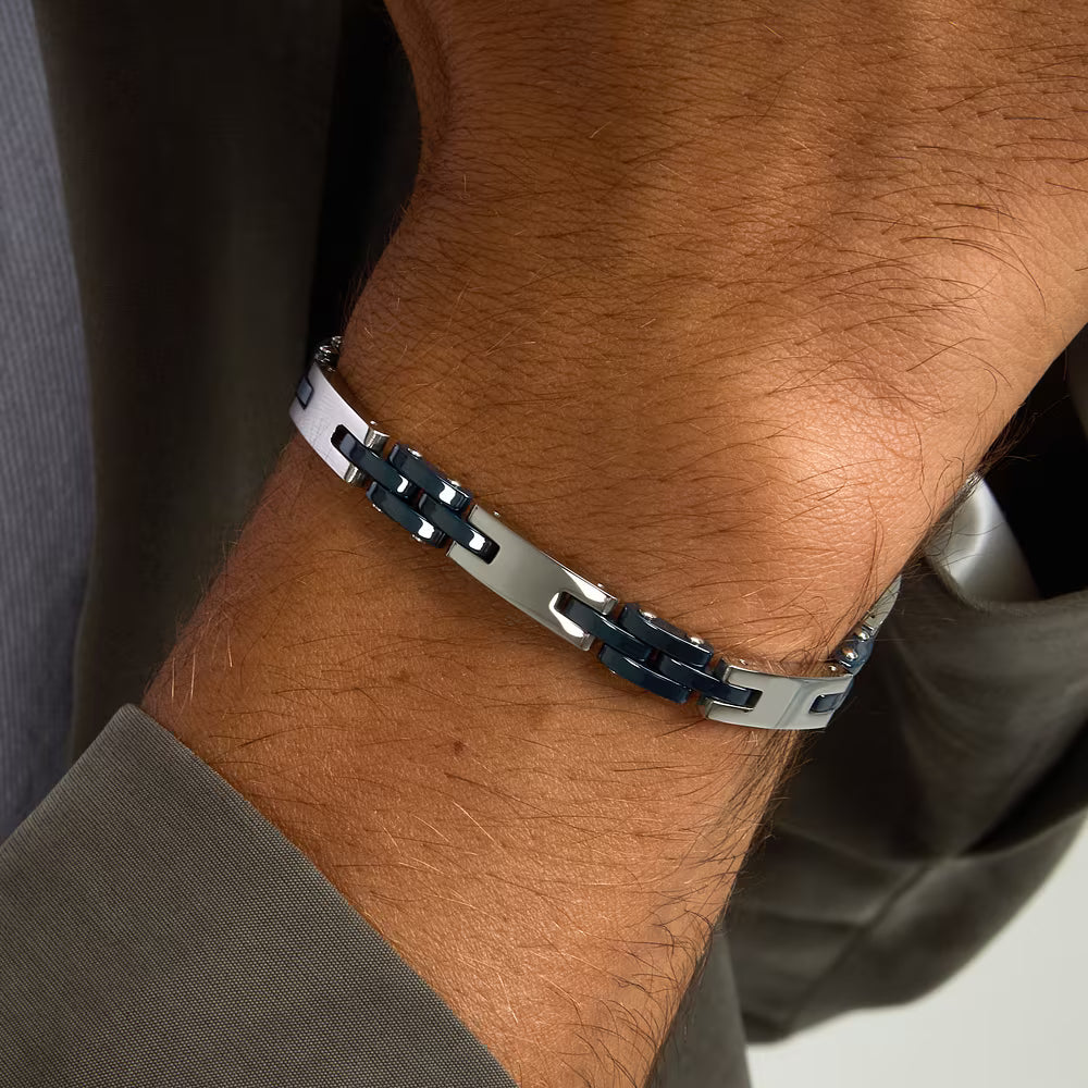 Bracciale Uomo Sector Ceramic Maglie Rettangolari Acciaio ed Elementi in Ceramica Blu