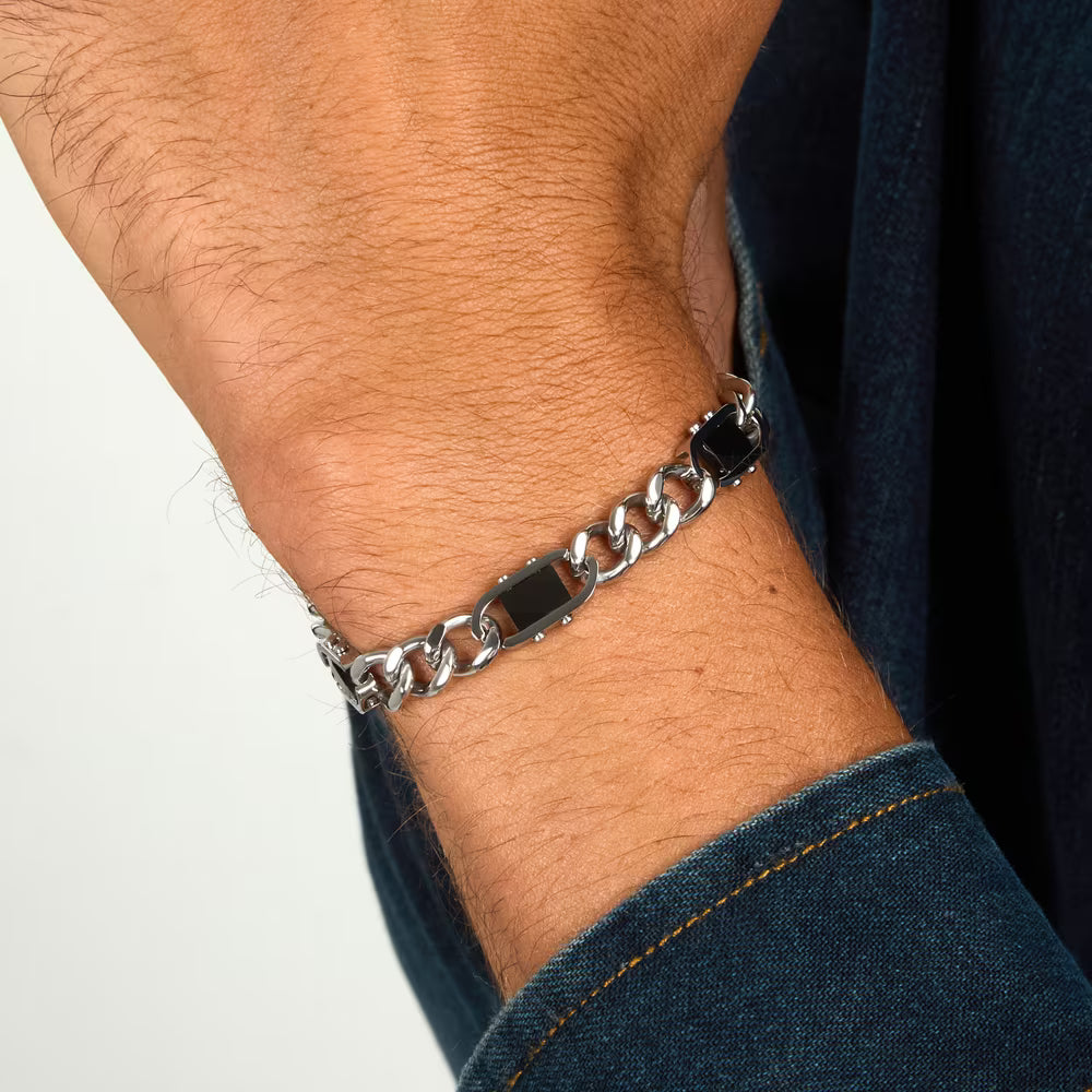 Bracciale Uomo Sector Ceramic Acciaio Catena Grumetta Elementi Rettangolari Ceramica Sfaccettata Nera