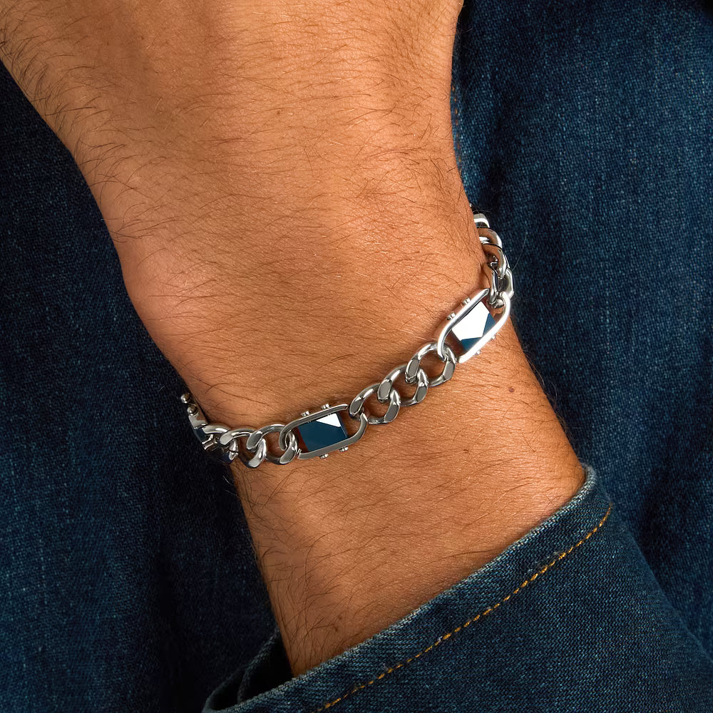 Bracciale Uomo Sector Ceramic Acciaio Catena Grumetta Elementi Rettangolari Ceramica Sfaccettata Blu