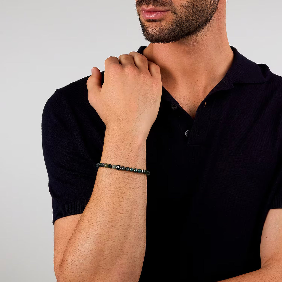 Bracciale Uomo Sector Marine Acciao Sfere Agata Verde Alternata Ad Elementi Discoidali Inserto Rosa Dei Venti