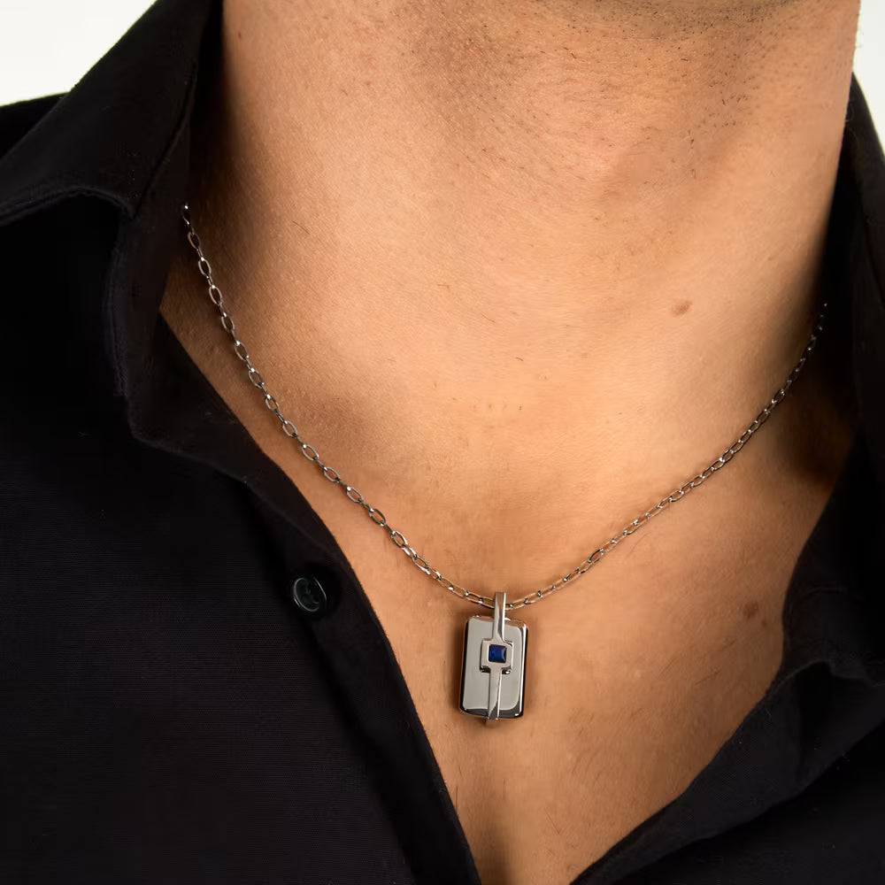 Collana Morellato Motown Uomo In Acciaio Con Pendente Piastrina Rettangolare 1 Cubic Zirconia Quadrato Blu