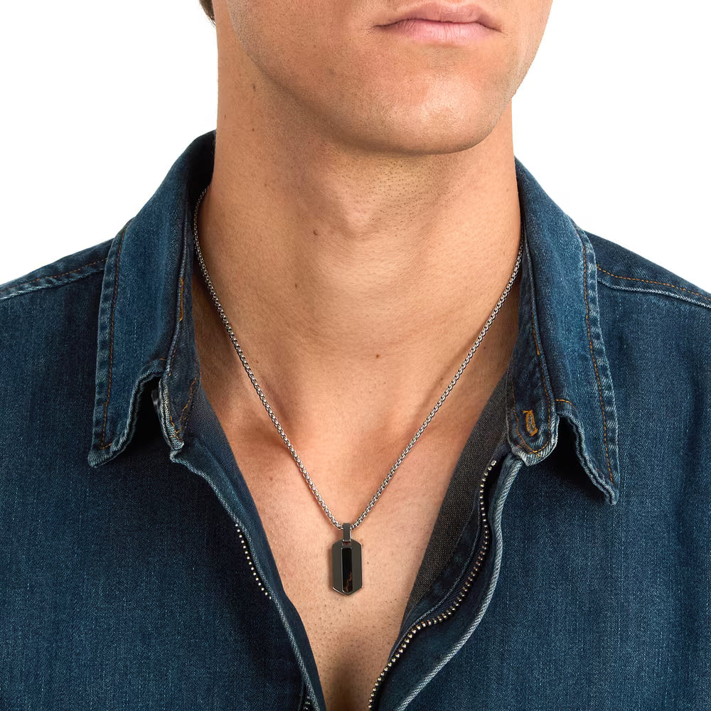 Collana Uomo Morellato Terra Acciaio Pendente Piastrina Esagonale Occhio Di Tigre Scuro