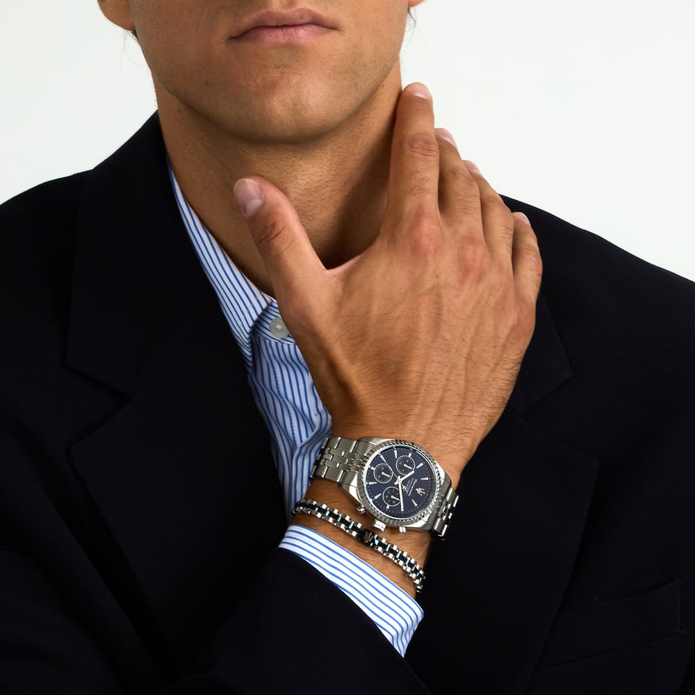 Confezione Special Edition Bracciale + Orologio Maserati Competizione Multifunzione 41 Mm Acciaio Braccialato Quadrante Blu, Bracciale Acciaio/Pvd Blu