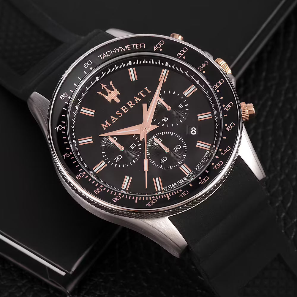 Orologio Maserati Sfida Chrono 44 Mm Acciaio/Pvd Oro Rosa Cinturino Silicone Nero